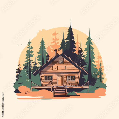 vintage wooden house cabin in pine forest mountain logo vector illustration