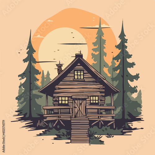 vintage wooden house cabin in pine forest mountain logo vector illustration