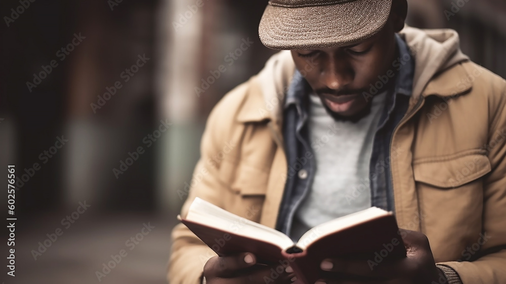Closeup shot of a male in casual clothing reading the holy bible , generative ai tools