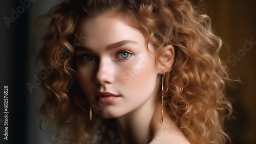  Fashionable and stylish woman in trendy jewelry big earrings .Curly ponytail hairstyle. Natural makeup and cosmetics, generative ai tools 