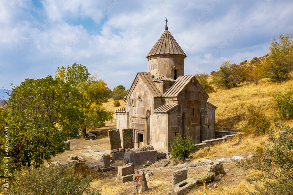 Surb Hovannes church of Tsakhats Kar monastery on sunny autumn day. Vayots Dzor Province, Armenia.
