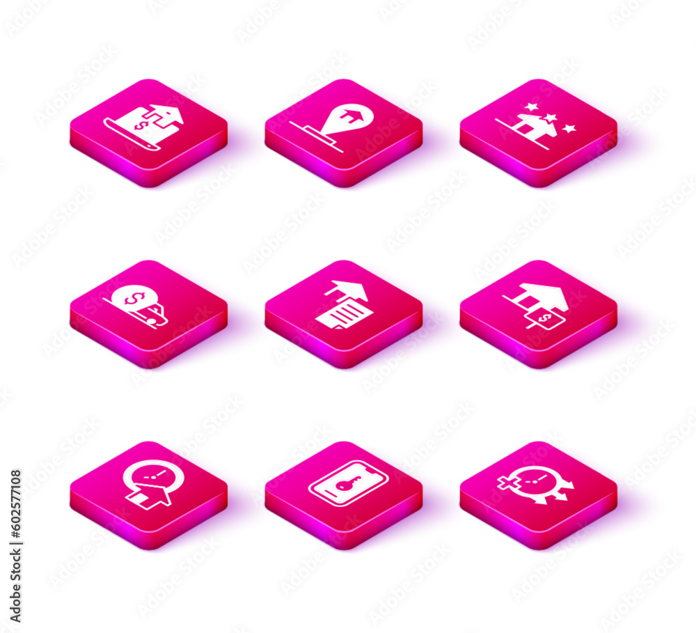 Set Time is money, Online real estate, Car rental, House contract, Clock, with dollar, Real and Location house icon. Vector Set Time is money, Online real estate, Car rental, House contract, Clock, with dollar, Real and Location house icon. Vector