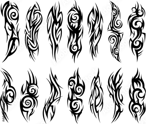 Tribal tattoo collection. Silhouette illustration. Isolated abstract element set.