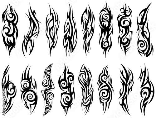 Abstract tribal tattoo collection. Black silhouette illustration isolated on white element set.
