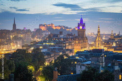 Edinburgh scenic skyline at sunset, wide panoramic view from Calton Hill. Cityscape of Edinburgh during blue hour