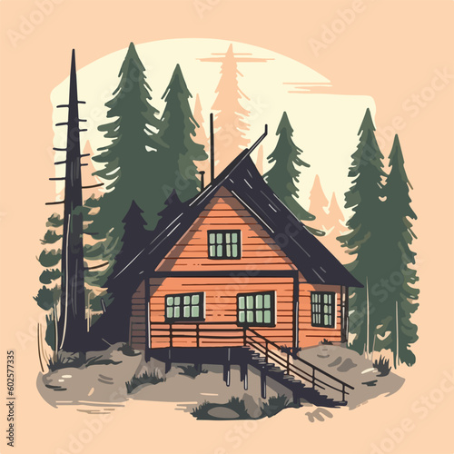 vintage wooden house cabin in pine forest mountain logo vector illustration