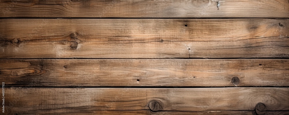 Naklejka premium Wide banner with copy space, texture of old boards detailed brushed oak wood as background with artistic design. AI generative