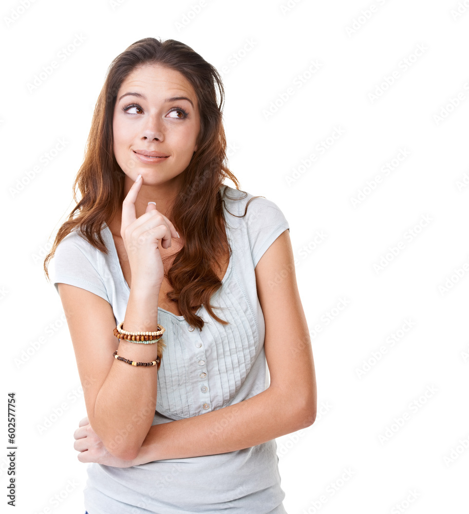 Thinking, mockup and smile with woman and idea for question, product and deal choice. Why, solution and sale with girl model wondering for beauty, decision and planning in white background studio Thinking, mockup and smile with woman and idea for question, product and deal choice. Why, solution and sale with girl model wondering for beauty, decision and planning in white background studio
