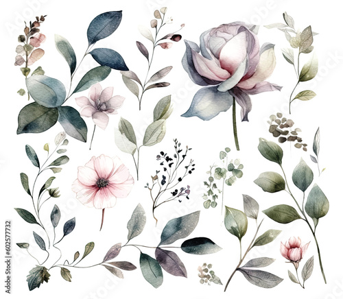 Set of watercolor flowers leaves and twigs on a white background