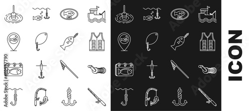 Set line Fishing rod, Spinning reel for fishing, jacket, trophy hanging on the board, spoon, Location, float water and hook icon. Vector