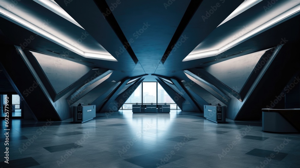 A modern and minimalist architecture. Interior of a spacious retail ...