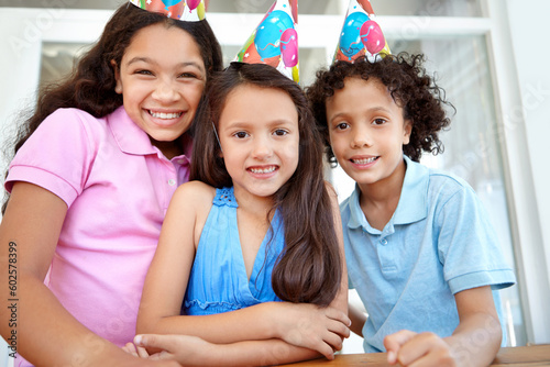 Birthday party portrait  happy celebration and children smile for special events  childhood friends or kids celebrating. Excited  happiness and youth group  young child or kid at fun friendship event