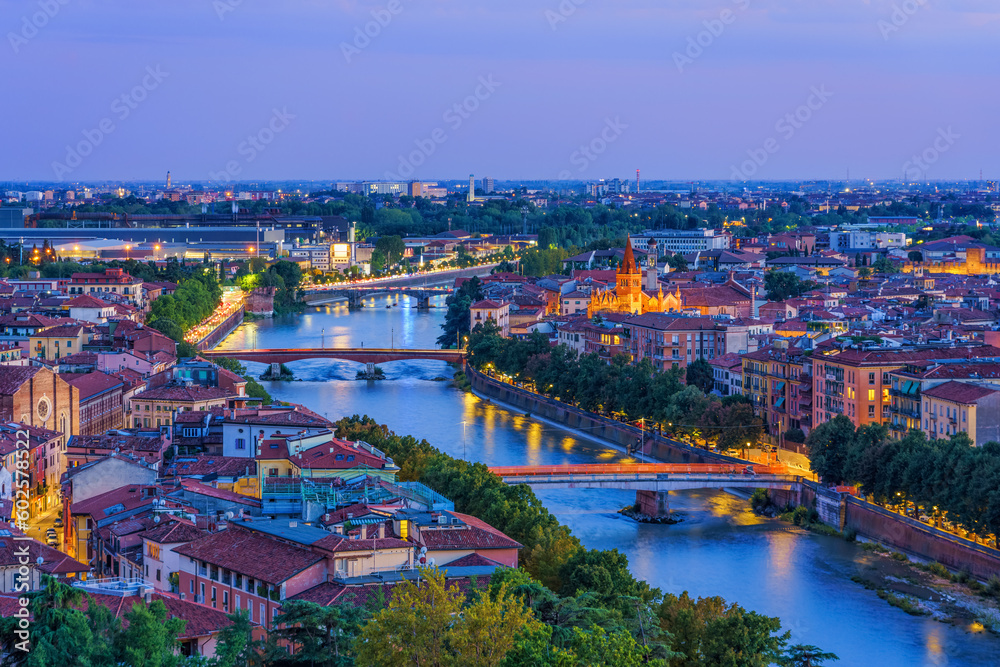 Obraz premium Aerial panoramic view of Verona, Italy at blue hour.