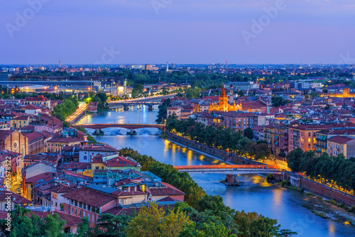 Aerial panoramic view of Verona, Italy at blue hour.