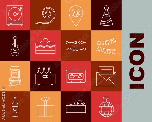 Set line Disco ball, Envelope with invitation card, Carnival garland flags, Alcohol or beer bar location, Cake, Guitar, Vinyl player vinyl disk and Grilled shish kebab icon. Vector