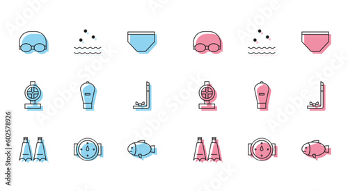 Set line Rubber flippers for swimming, Wind rose, Glasses and cap, Fish, Lift bag, Snorkel, Industry metallic pipes valve and Cold waves icon. Vector