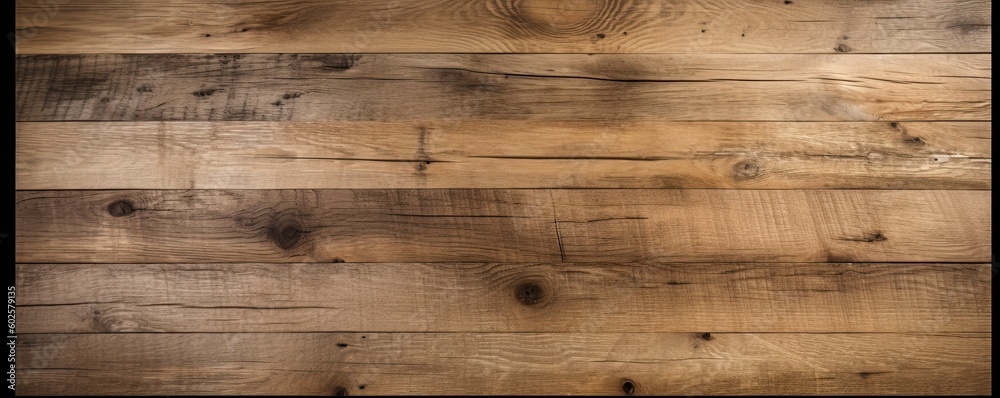 Fototapeta premium Wide banner with copy space, texture of old boards detailed brushed oak wood as background with artistic design. AI generative