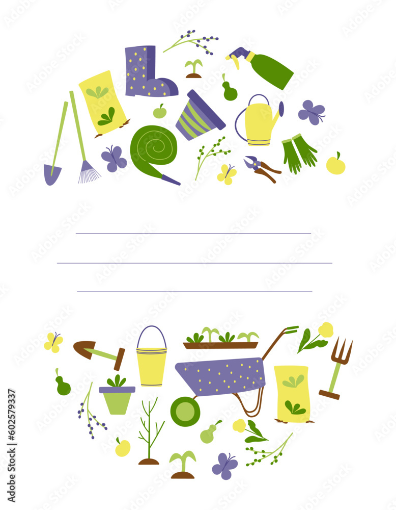 Card for notes with gardening design elements. Gradening template banner, flyer, greeting card.  Hand drawn vector illustration. 
