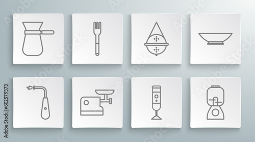Set line Long electric lighter, Fork, Kitchen meat grinder, Blender, Ball tea strainer, Bowl and Coffee turk icon. Vector