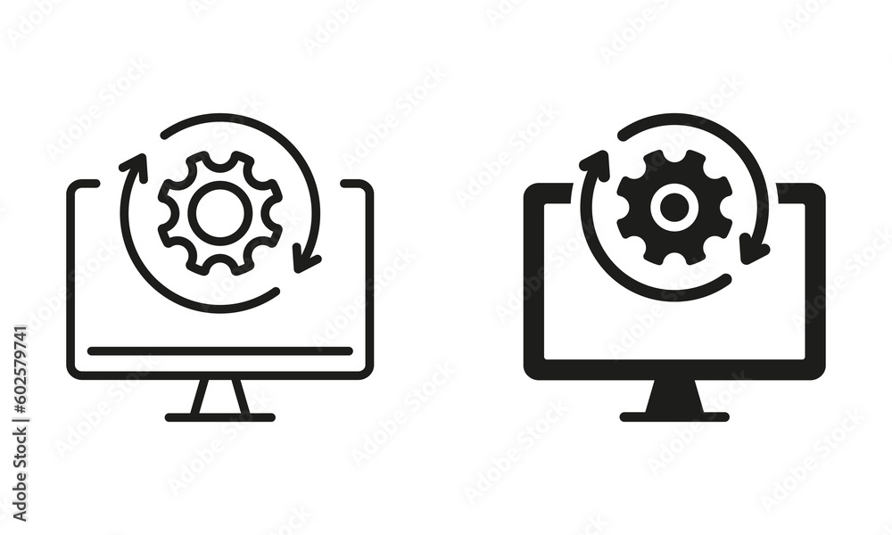 Upgrade of Software Line and Silhouette Icon Set. Computer System Update Pictogram. Download Process Sign. Upgrade Progress Symbol Collection. Vector Isolated Illustration - obrazy, fototapety, plakaty 