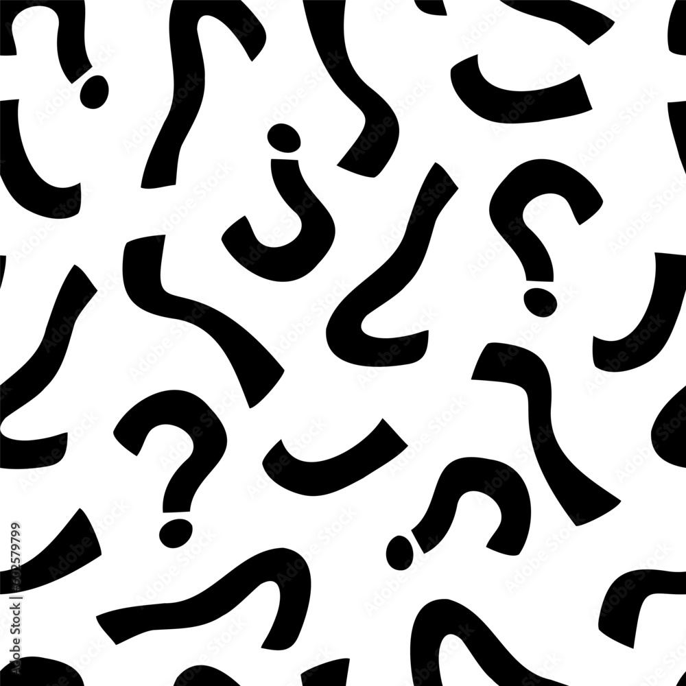 Abstract black and white doodle seamless pattern. Memphis style labyrinth and mosaic motives from ribbons strokes scribbles dots. Hipster question mark in curls background. Vector illustration.