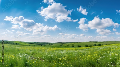 Summer sunny background with blue sky and green meadow 