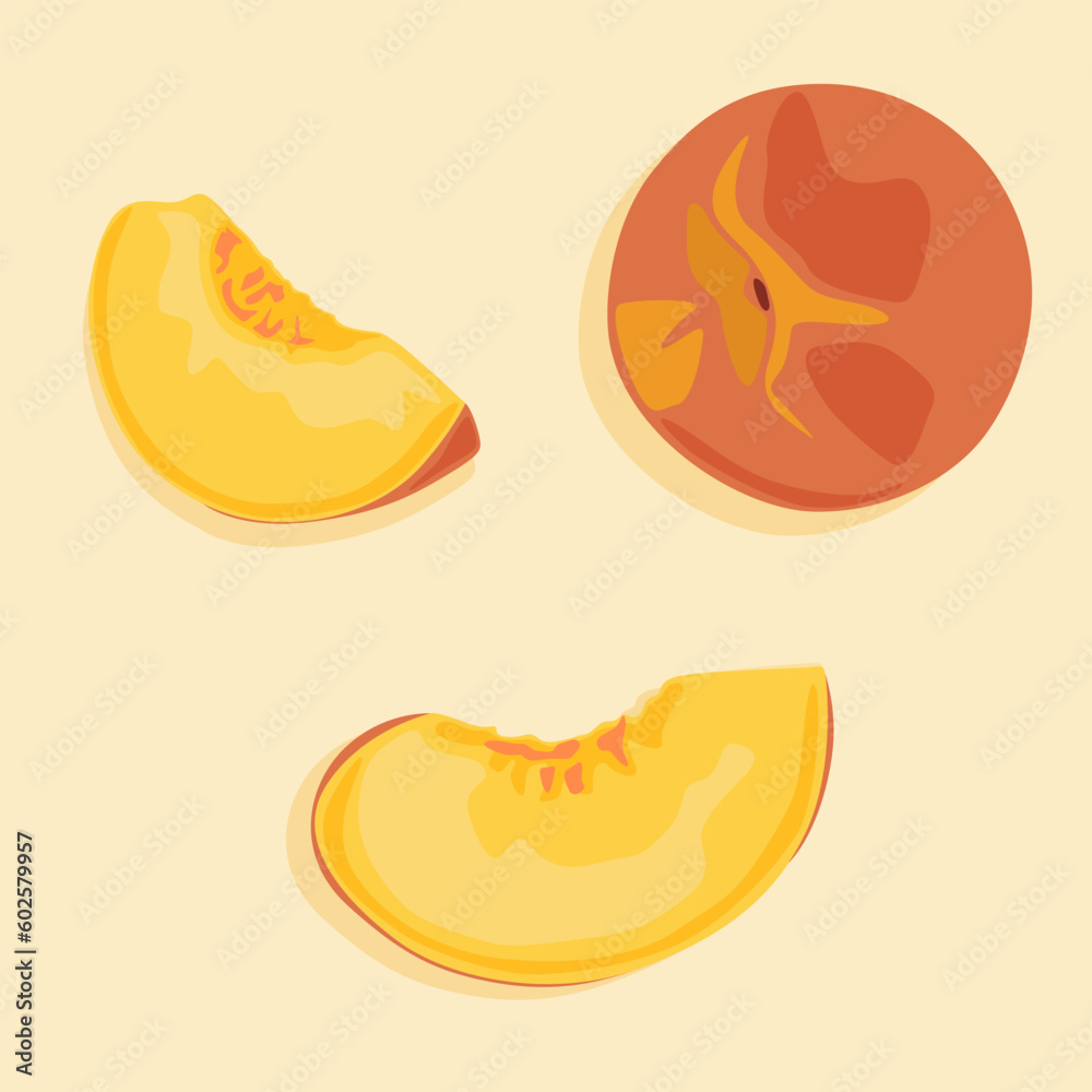 A whole peach and its juicy slices. Vector food icons. Summer fruits.