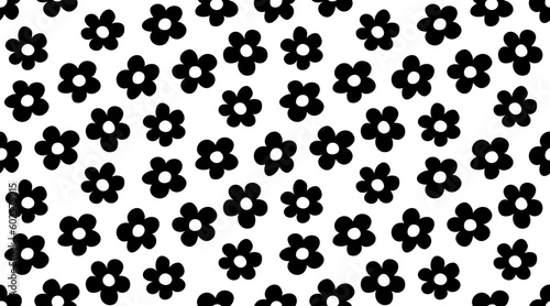 Vintage1970 daisy flowers seamless pattern. Y2k black and white abstract nature background. Simple hand drawn floral silhouettes texture. Hippie motifs. Vector illustration.