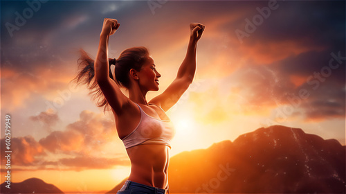 athlete stretches her arms in the air in the sunset and is happy about the success, gerenative AI