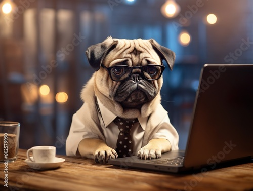 Adorable pug dog boss businessman wearing glasses T-shirt and tie working hard in the office using laptop. Generative Ai technology. photo