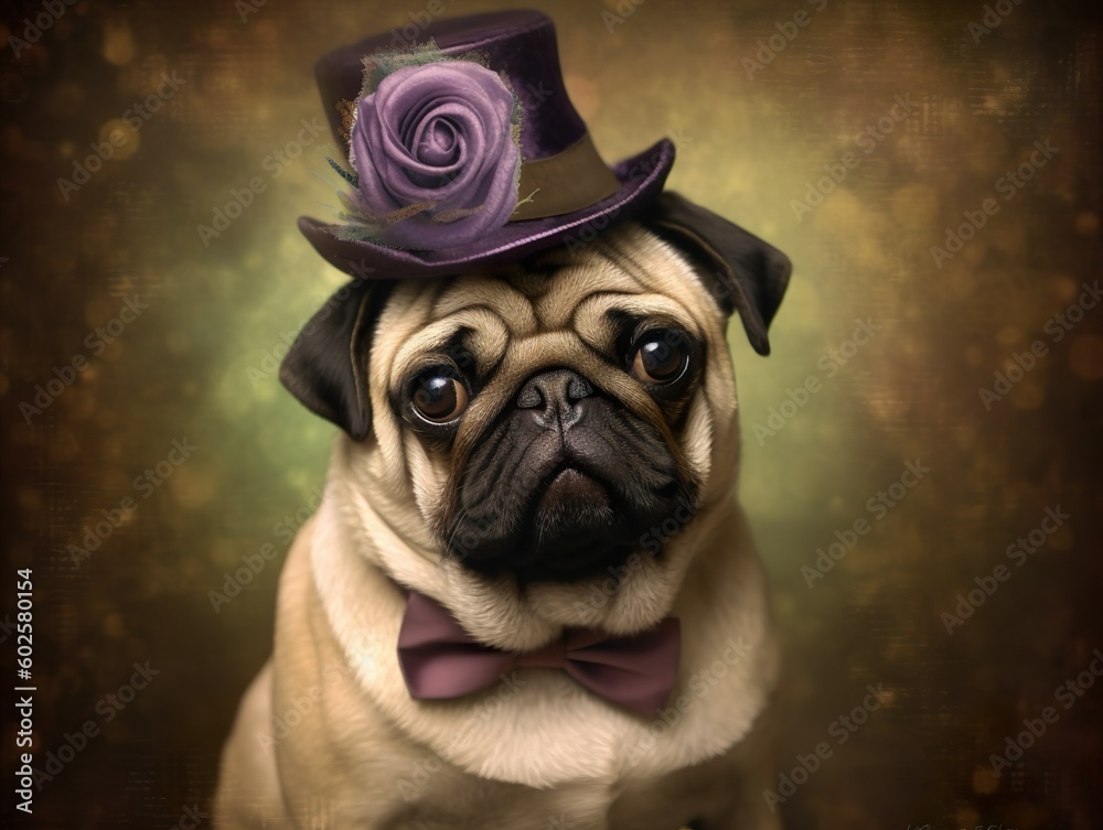 Pug dog in a elegant hat with rose. Fashion retro style. Generative Ai technology.