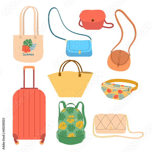 Set summer bags. Eco bag, suitcase, straw bag, waist bag, backpack, handle bag. Stylish modern design. Flat hand drawn colorful vector illustration isolated on white background.
