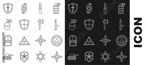 Set line Japanese ninja shuriken, Peace, Police rubber baton, Military knife, Shield, Hand grenade, Medieval shield with sword and axe icon. Vector