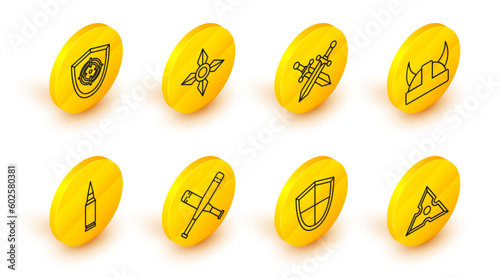 Set line Japanese ninja shuriken, Shield, Crossed baseball bat, Bullet, Viking horned helmet, medieval sword, and Target sport icon. Vector