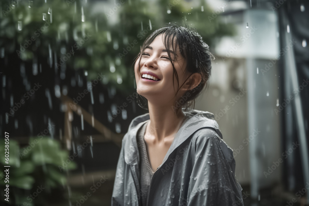 A young relaxing Asian woman enjoying and smiling the refreshing rain amidst a beautiful vintage Asian home and garden. generative AI A young relaxing Asian woman enjoying and smiling the refreshing rain amidst a beautiful vintage Asian home and garden. generative AI