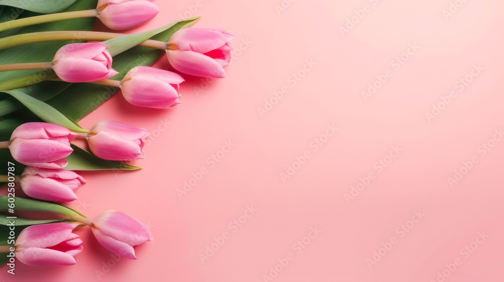 Bouquet of pink tulips on pink background with copy space. Place for your text. Generated AI