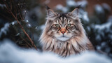 Maine coon cat in winter forest. Beautiful siberian cat portrait. Beautiful cat portrait. Generated AI