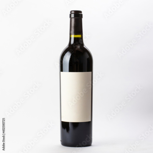 Bottle of red wine with blank label on a white background. Mockup. Generated AI