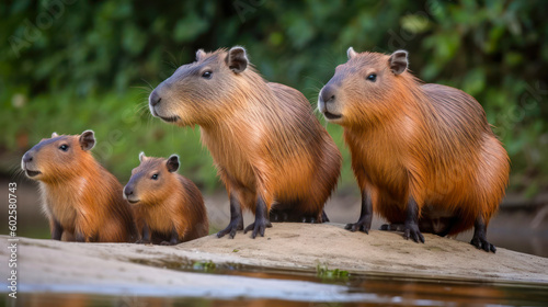 Capybara family in natural habitat. Generated AI
