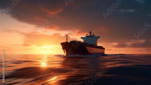 transport ship on the ocean in the sunset, gerenative AI © Marcus Jacobi