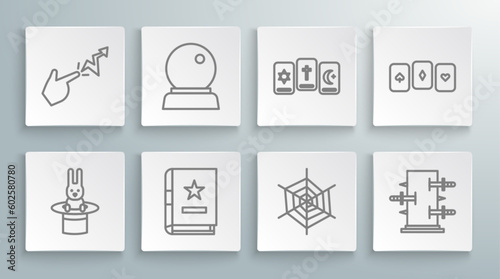 Set line Magician hat and rabbit, ball, Ancient magic book, Spider web, Trunk for tricks, Three tarot cards, Playing and Spell icon. Vector