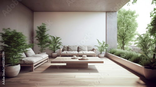 3d rendering of modern living room interior design with sofa and plants. Generated AI