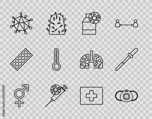 Set line Gender, Medical protective mask, Bottle with virus, Syringe and, Virus, thermometer, First aid kit and Pipette icon. Vector