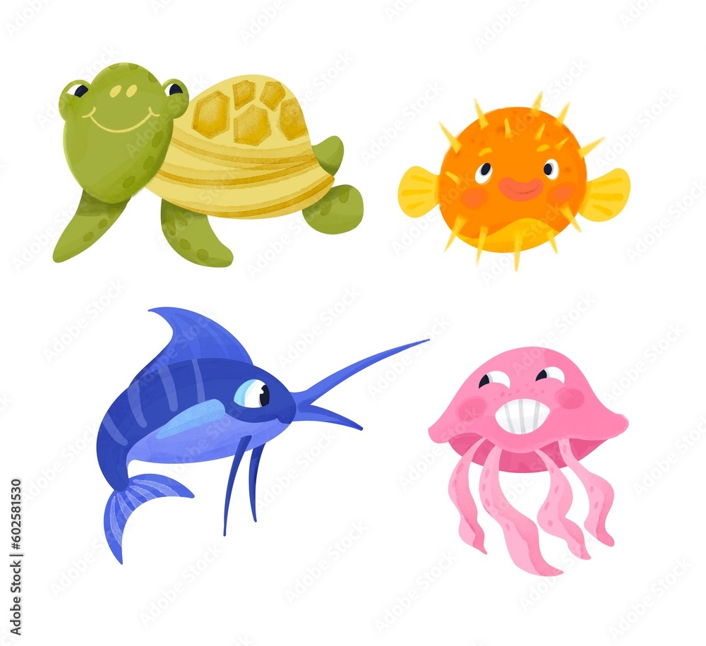 Cute turtle, fish, seahorse, jellyfish. Cartoon style illustrations. Isolated characters for design on white background. Watercolor drawing.