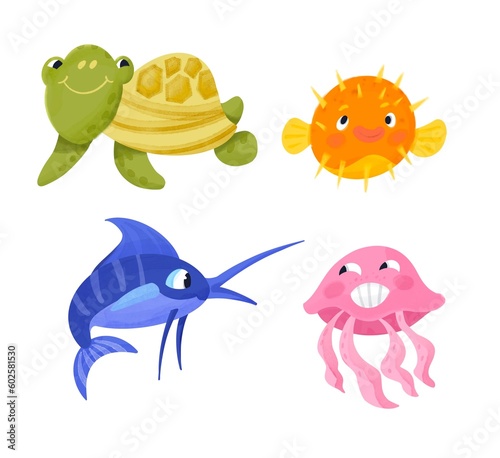 Cute turtle, fish, seahorse, jellyfish. Cartoon style illustrations. Isolated characters for design on white background. Watercolor drawing.