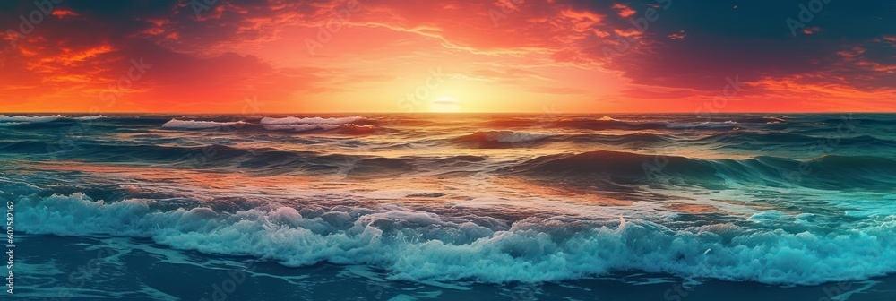 Coastal Harmony: A Colorful Sunset Over the Beach with Ocean Waves, Generative AI