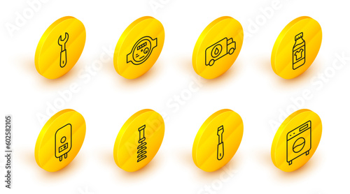 Set line Washer, Screwdriver, Toilet brush, Electric boiler, Bottle for cleaning agent, Plumber service car, Water meter and Wrench spanner icon. Vector