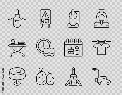 Set line Stain on the tablecloth, Lawn mower, Toilet paper roll, Garbage bag, Kitchen apron, Washing dishes, Handle broom and Drying clothes icon. Vector
