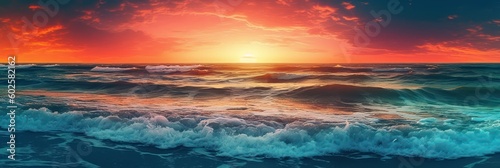 Coastal Harmony: A Colorful Sunset Over the Beach with Ocean Waves, Generative AI