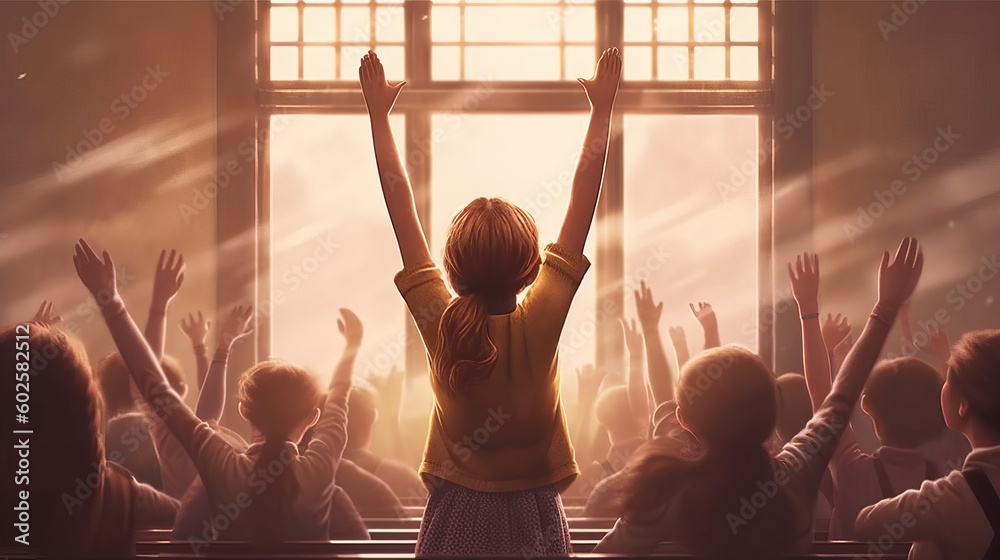 Fototapeta premium Drawing student at the desk raised his hands Generative AI